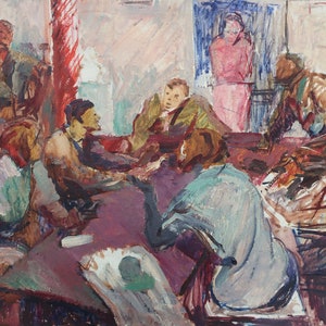 Boceto. Pintura al óleo antigua original del realismo socialista Arte soviético Artista ucraniano Gribok D.K. 49-68 cm Óleo sobre cartón Años 80