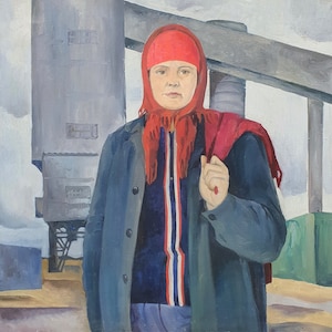 Portrait of the best worker. Oil painting original socialist realism artist Prus V.N. 90-90 cm oil on canvas 1972year