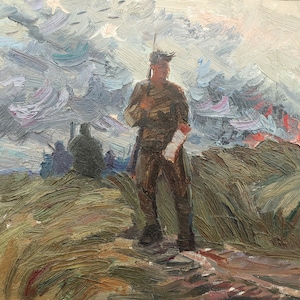 Boceto. Pintura al óleo antigua original del realismo socialista Arte soviético Artista ucraniano Feller R.N. 20-23 cm Óleo sobre cartón Años 70