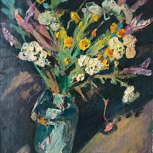 Naturaleza muerta con una lata. Pintura original de la artista ucraniana Repka. 50-39 cm, óleo sobre cartón, 1998.