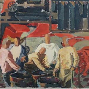 Boceto. Pintura al óleo antigua original del realismo socialista Arte soviético Artista ucraniano Petrachak T.P. 17-20 cm Óleo sobre cartón Años 70