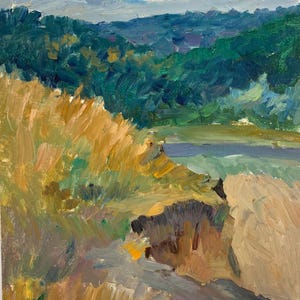 Landscape. Original painting by Ukrainian artist Zakharova L. 48-33 cm, oil on cardboard, 1970s