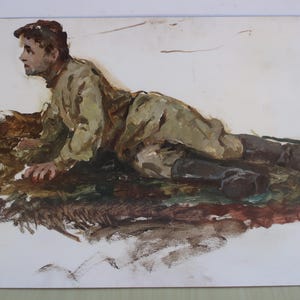 Soldado. Artista ucraniano Shurupov K. 48-68 cm, óleo sobre cartón, años 60