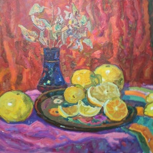 Mandarinas. Pintura al óleo original del realismo socialista del artista ucraniano Gaiduk V. 36-46 cm cartón óleo década de 1970