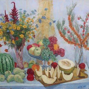 Naturaleza muerta otoñal. Pintura al óleo original del realismo socialista del artista ucraniano Gribok D.K. 79-100 cm óleo sobre cartón año 1999