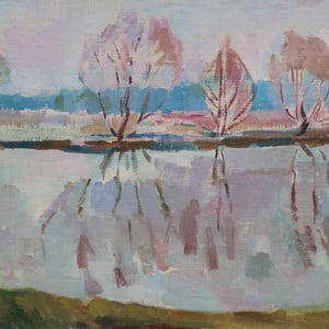 Paisaje. Pintura original de la artista ucraniana Kryzhanovskaya M. 34-48 cm, óleo sobre lienzo sobre cartón, año 1969