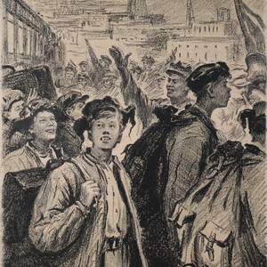 Con i buoni Komsomol per lavorare. Dipinto dell'artista ucraino Tomenko G. 40-29 cm, incisione su carta, anni '50