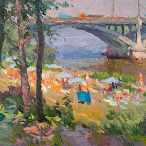 Paisaje. Pintura original del artista ucraniano Pirogov V. 24-34 cm, óleo sobre cartón, década de 1970.