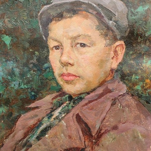Retrato. Pintura al óleo antigua original del realismo socialista Arte soviético Artista ucraniano Shkurko A. 47-35 cm Óleo sobre cartón Año 1955