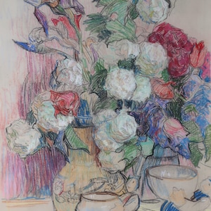 Natura morta. Dipinto originale dell'artista ucraino Chernov L. 60-45 cm, carta tecnica mista, anno 1966