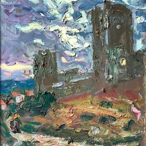 Fortaleza genovesa. Pintura original del artista ucraniano Repka. 46-41 cm, óleo sobre cartón.