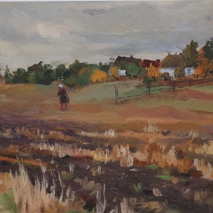 Paysage rural. Artiste ukrainien Orlov P. 20-27 cm, huile sur carton, années 1960