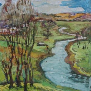 Paisaje. Pintura original de la artista ucraniana Zakharova, 21-19 cm de largo, técnica mixta sobre cartón, década de 1980.