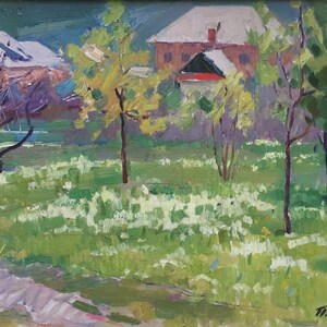 Floración. Pintura al óleo del artista ucraniano Bondarenko P.K. 33-48 cm cartón óleo año 1969
