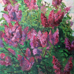 Lila. Pintura al óleo antigua original del realismo socialista Arte soviético Artista ucraniano Gribok D.K. 70-50 cm cartón óleo 1975