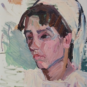 Retrato. Pintura original de la artista ucraniana Zakharova, 31-24 cm de largo, óleo sobre cartón, década de 1970.