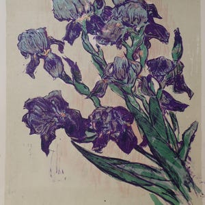 Fiori. Dipinto dell'artista ucraino Yakovenko E. 36-30 cm, carta linoleum, anni '70