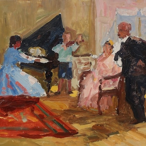 Lénine écoute de la musique. Artiste ukrainienne Khitrova T. 31-48 cm, huile sur carton, années 1970