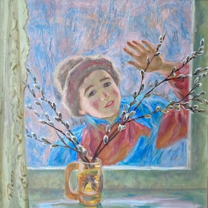 Spring knock. Oil painting original Ukrainian artist Repka V. 60-60 cm oil on canvas 1989year