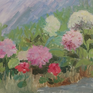 Paisaje. Flores. Artista ucraniano Yakovenko E. 23-30 cm, óleo sobre cartón, años 70