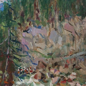 Cárpatos. Pintura original del artista ucraniano Yatsenko V. 49-34 cm, óleo sobre lienzo sobre cartón, 1965