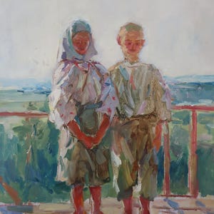 Niños. Pintura original del artista ucraniano Yatsenko, 49-34 cm, óleo sobre cartón, 1959