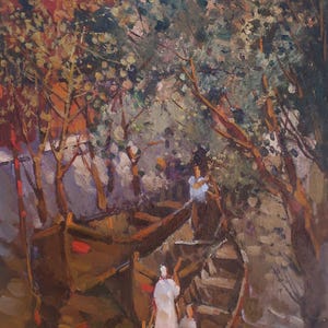 Encuentro en Vilkovo. Artista ucraniano Yalansky A. 75-50 cm, óleo sobre cartón, año 1982