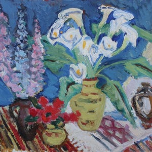 Naturaleza muerta. Pintura original de la artista ucraniana Zakharova, 16-20 cm de largo, cartón, óleo, década de 1970.