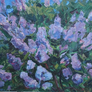 Lila. Pintura al óleo original del realismo socialista del artista ucraniano Gribok D.K. 49-69 cm óleo sobre cartón década de 1980