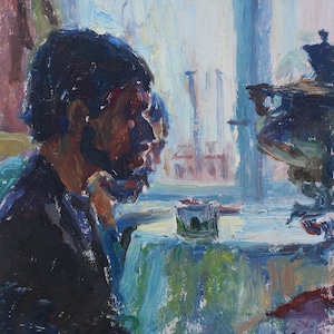 Fiesta del té. Pintura original del artista ucraniano Zakharov A. 22-19 cm, óleo sobre cartón, 1974