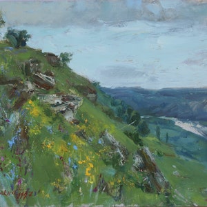 Vallée du Dniestr. Artiste ukrainien Tishchetsky V. 35-49 cm, huile sur carton 1997 année