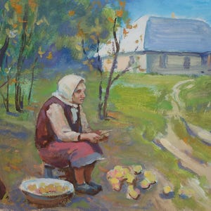 Au village. Peinture originale de l'artiste ukrainien Tomenko G. 34-50 cm, huile sur carton, année 1970