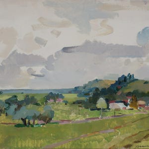 Paisaje. Pintura original de la artista ucraniana Kryzhanovskaya M. 39-48 cm, óleo sobre cartón, año 1968