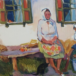 Cerca de la casa. Pintura original de la artista ucraniana Chernova N. 35-48 cm, óleo sobre cartón, año 1982