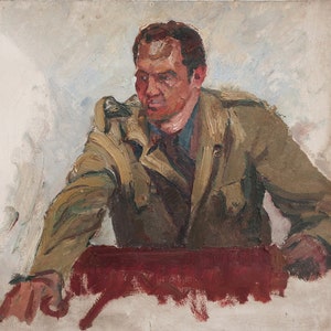 Retrato de un hombre. Pintura al óleo antigua original del realismo socialista Arte soviético Artista ucraniano Gribok D.K. 59-69 cm Óleo sobre cartón Años 70