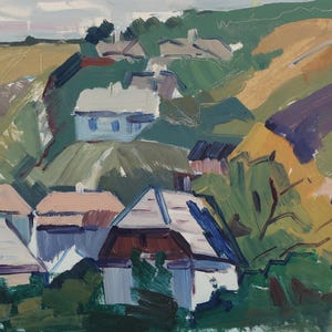 Paisaje. Pintura original de la artista ucraniana Zakharova, 23-33 cm de largo, óleo sobre cartón, década de 1970.