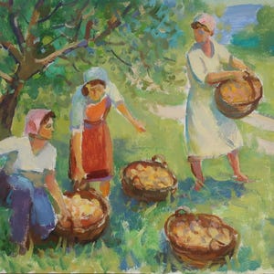 Récolte. Peinture originale de l'artiste ukrainien Tomenko G. 35-50 cm, huile sur carton, année 1968