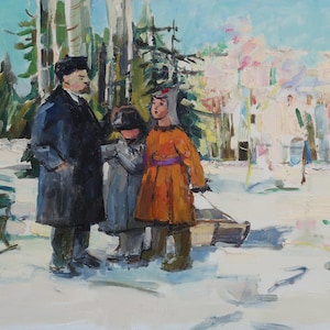 Encuentro. Pintura original de la artista ucraniana Kryzhanovskaya M. 33-48 cm, óleo sobre cartón, 1967