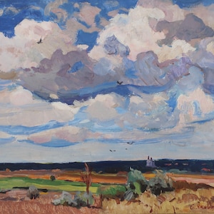 Comienzo del otoño. Pintura original del artista ucraniano Yakovenko E. 38-49 cm, óleo sobre cartón, año 1964