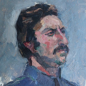 Retrato de un hombre. Pintura al óleo antigua original del realismo socialista Arte soviético Artista ucraniano Gribok D.K. 35-26 cm Óleo sobre cartón Años 70