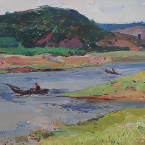 Vorskla. Peinture originale de l'artiste ukrainien Chernov L. 33-45 cm, huile sur carton, année 1955