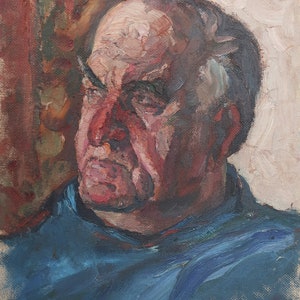 Retrato de un hombre. Pintura al óleo antigua original del realismo socialista Arte soviético Artista ucraniano Gribok D.K. 47-35 cm Óleo sobre cartón Años 80