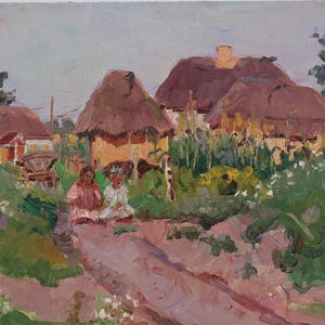 Paysage rural. Peinture originale de l'artiste ukrainien Yakovenko E. 24-33 cm, huile sur carton, année 1954