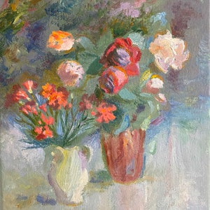 Naturaleza muerta. Pintura al óleo original del artista ucraniano Kozhekov A. 48-39 cm cartón óleo año 1985