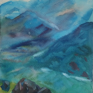 Paisaje. Pintura original de la artista ucraniana Zakharova, 27-19 cm de largo, técnica mixta sobre cartón, década de 1970.