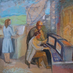 Científicos. Pintura original del artista ucraniano Zakharov A. 18-21 cm, cartón, técnica mixta, década de 1970.