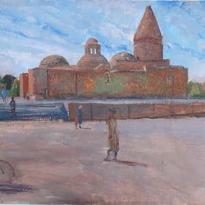 Bujará. Pintura al óleo antigua original del realismo socialista Arte soviético Artista ucraniano Gribok D.K. 50-80 cm Óleo sobre cartón Año 1981