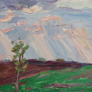 Paisaje Pintura al óleo original del artista ucraniano Repka S. 19-23 cm cartón óleo década de 1980