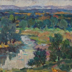 Paisaje. Pintura original de la artista ucraniana Chernova N. 25-34 cm, óleo sobre cartón, década de 1970