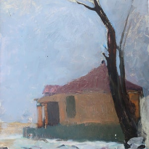 Paisaje Pintura al óleo antigua original del realismo socialista Arte soviético Artista ucraniano Gribok D.K. 69-48 cm Óleo sobre cartón Años 1980